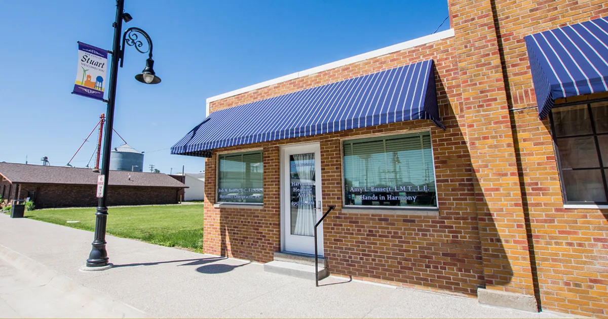 Harmony Healing Arts storefront in Stuart, Iowa
